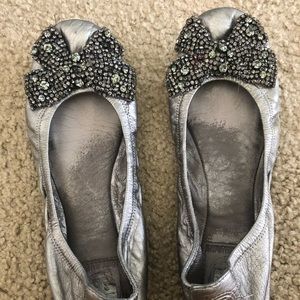 Tory Burch Silver Eddie Bow Embellished Flats